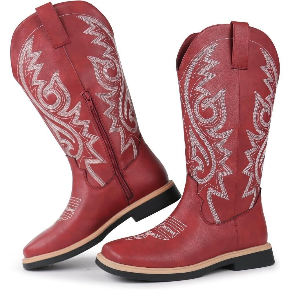 Brand New  Women's Red Leather Cowgirl Boots Western Square Toe Embroidered